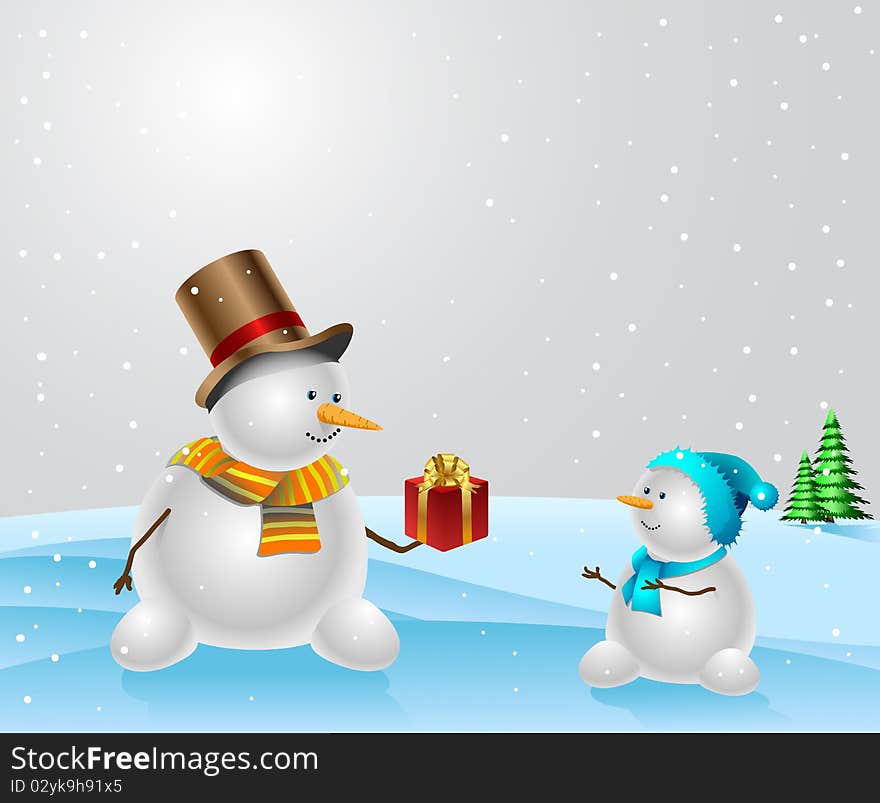 Snowmen with Christmas present on natural background. Vector illustration. Snowmen with Christmas present on natural background. Vector illustration.