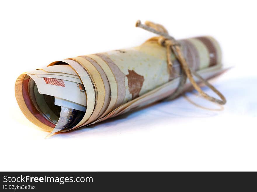 A roll of different Euro bills, tied with a cord. A roll of different Euro bills, tied with a cord.