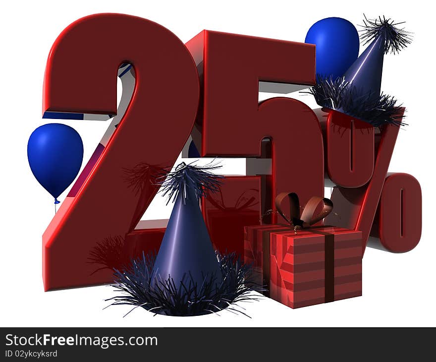 3D Render of 25 percent sale with party hats balloons and wrapped gift isolated on a white background. 3D Render of 25 percent sale with party hats balloons and wrapped gift isolated on a white background