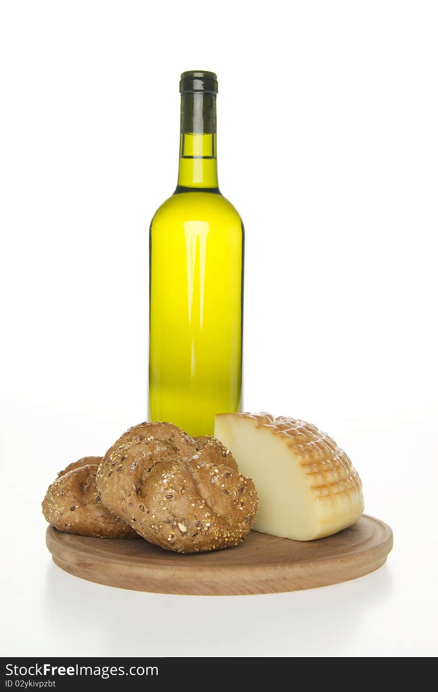 Wine cheese and bread,on white background. Wine cheese and bread,on white background.