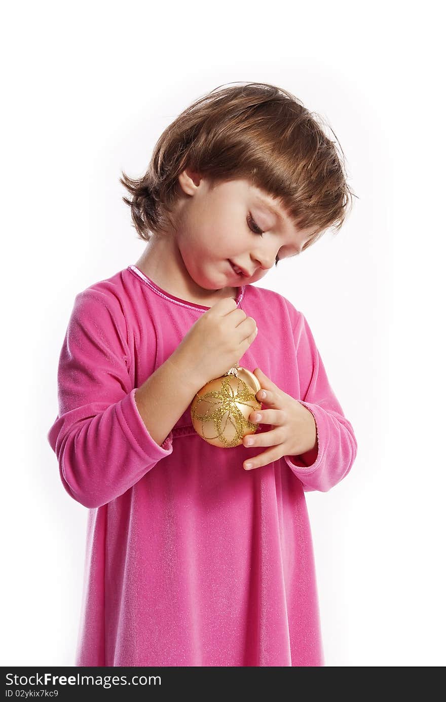 Little girl (three years old) with christmas balls isolated on white background. Little girl (three years old) with christmas balls isolated on white background