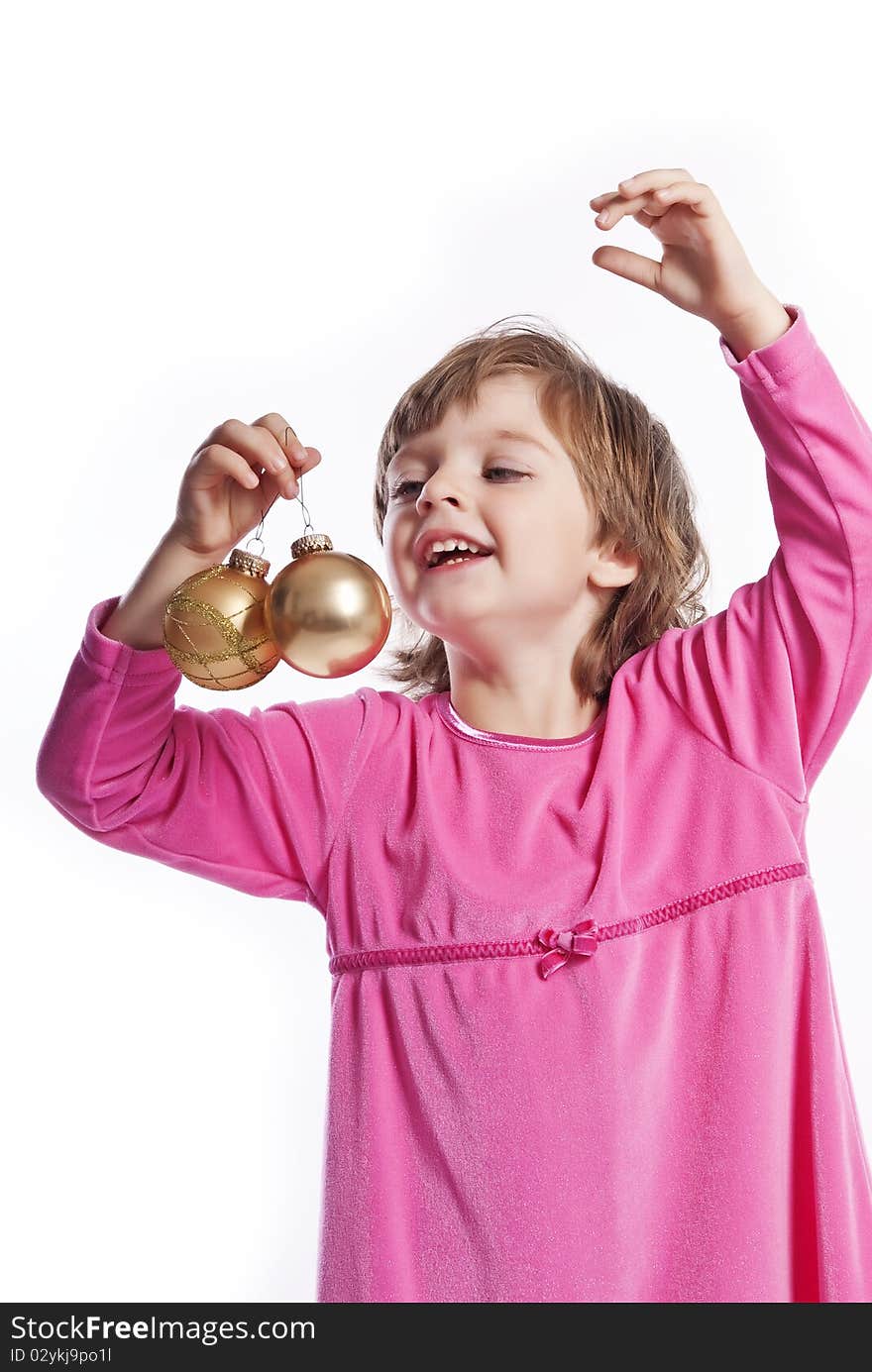 Little Girl With Golden Christmas Balls