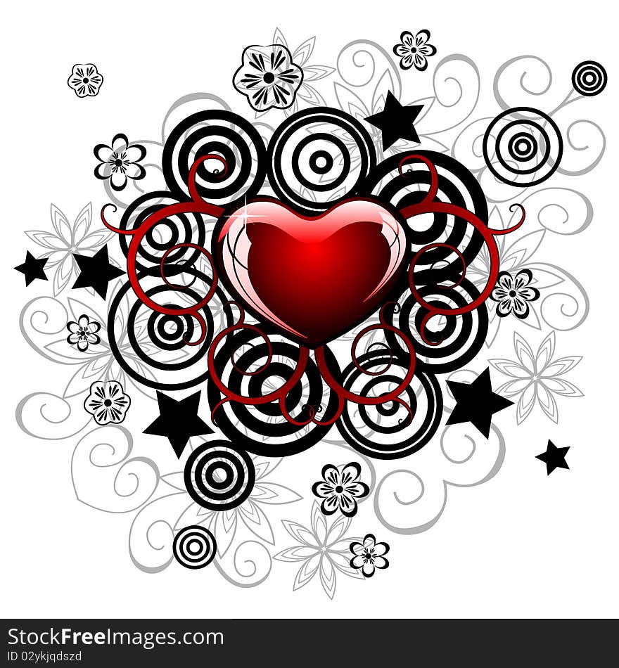 Vector heart with floral and stars