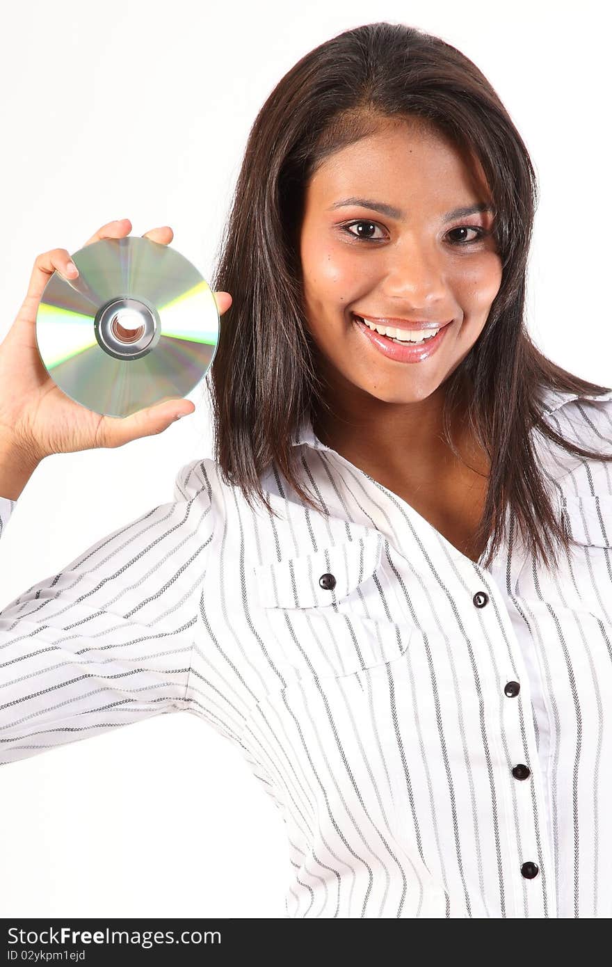 Data on disc smiling young business woman holds CD