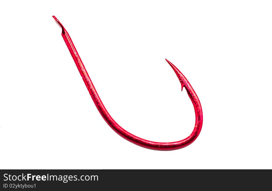 Studio shot of red sharp fishhook with focus on point isolated on white. Studio shot of red sharp fishhook with focus on point isolated on white.