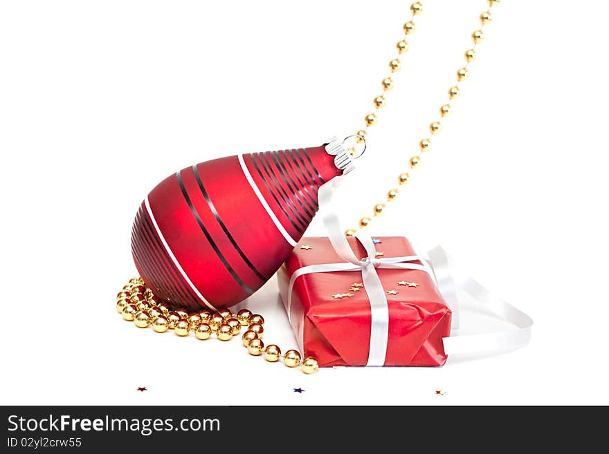 Christmas decorations and box on a white background. Christmas decorations and box on a white background.