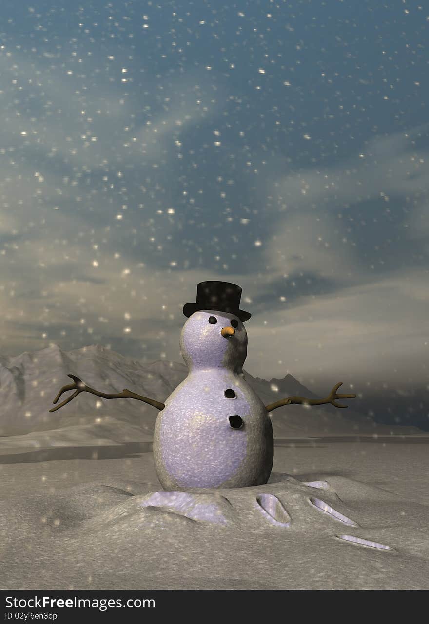 A cute 3D snowman standing in the snow