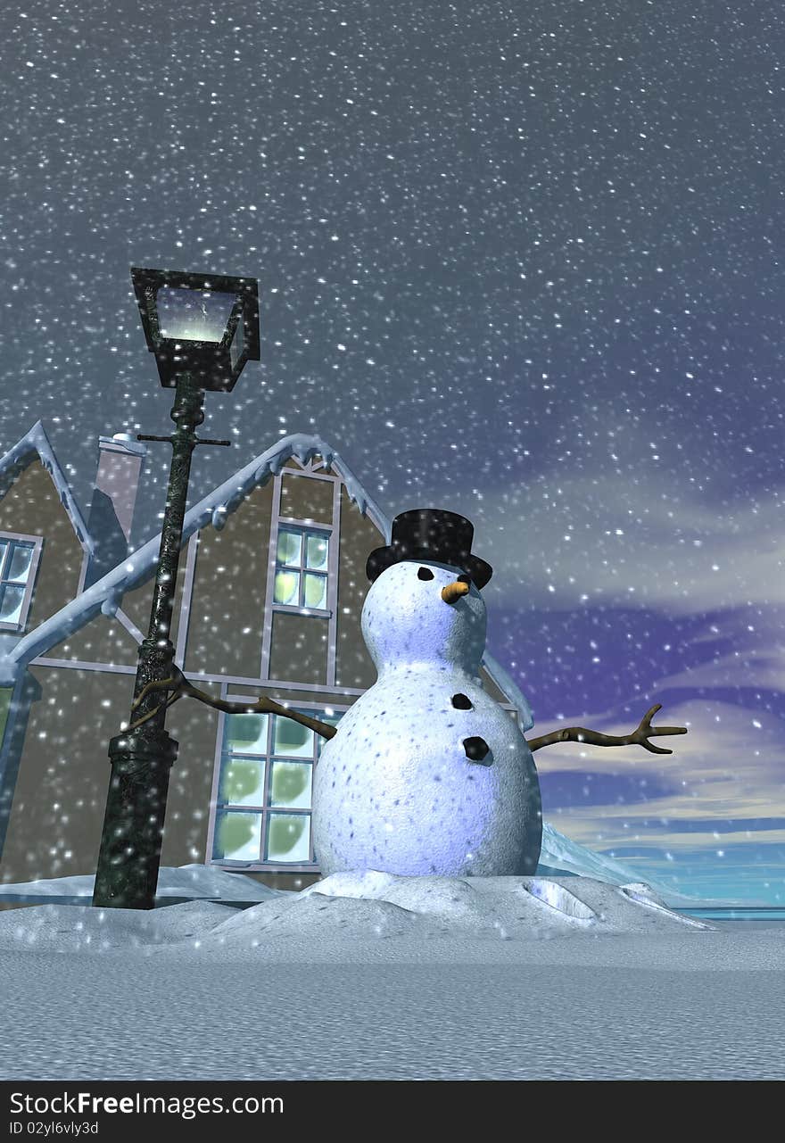 A cute snowman stands in the snow beside a lamp post with a christmas house in the back ground. A cute snowman stands in the snow beside a lamp post with a christmas house in the back ground