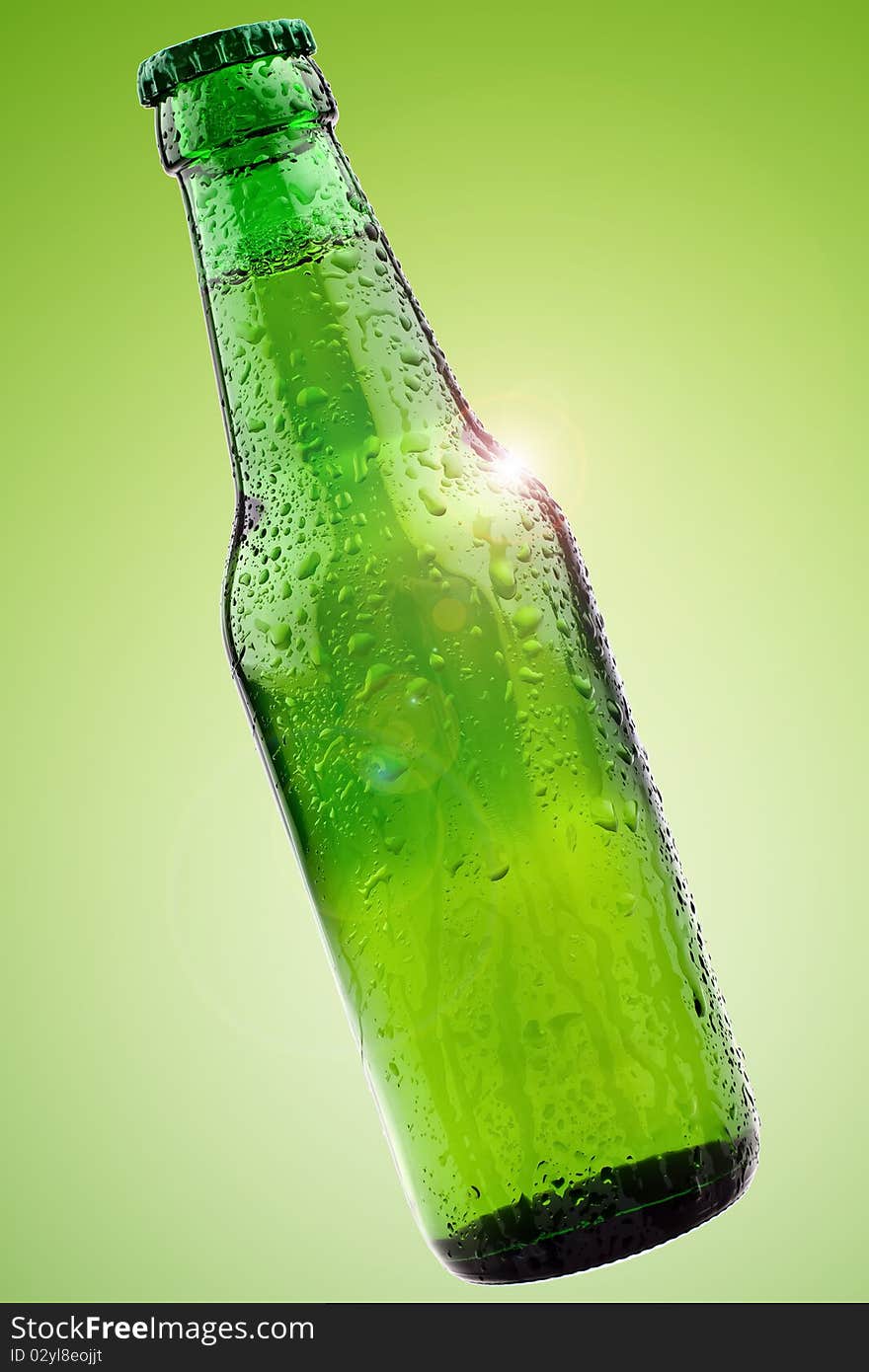 Green beer bottle in front of nice green background