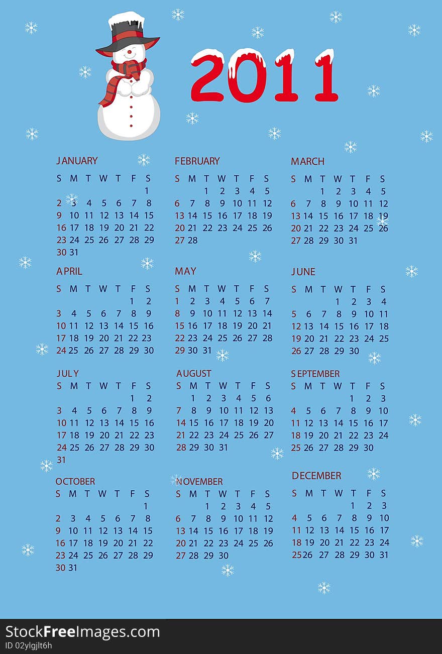 2011 calendar. Calendar with a snowman. 2011 calendar. Calendar with a snowman