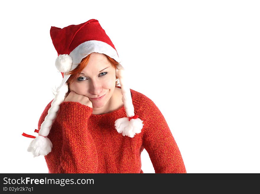 Woman In Santa S Cap Isolated