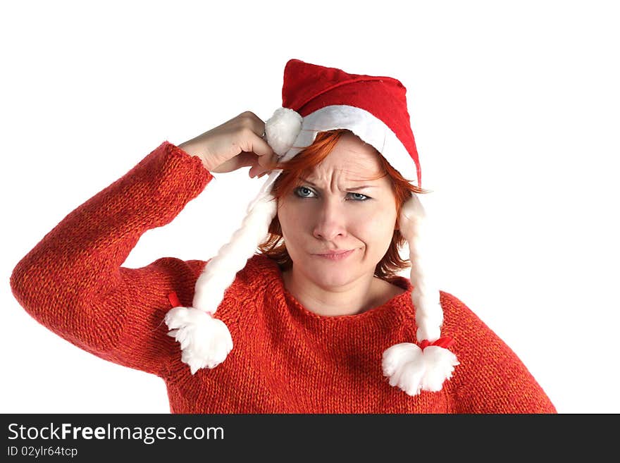 Woman in santa's cap isolated on white background