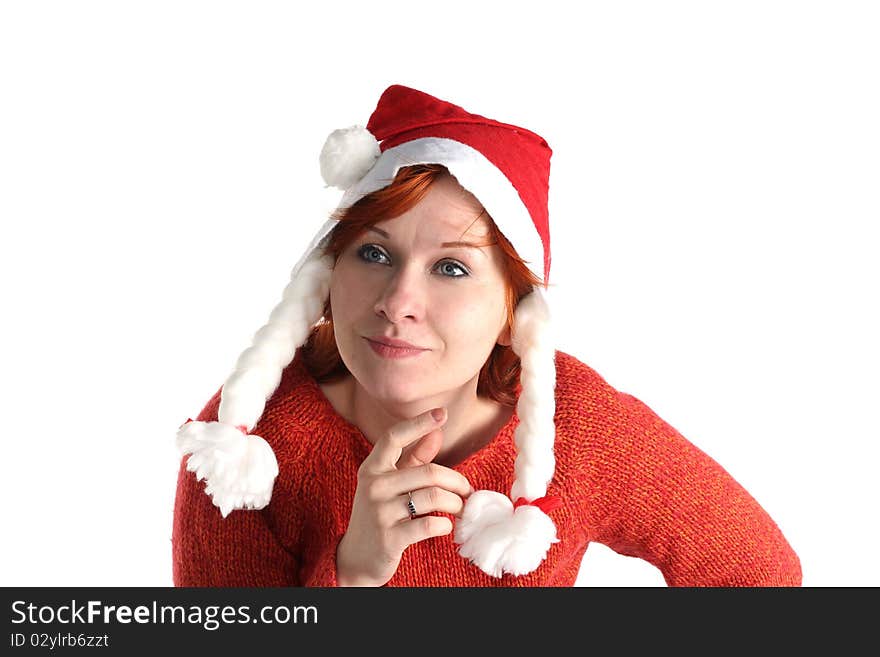 Woman in santa's cap isolated on white background