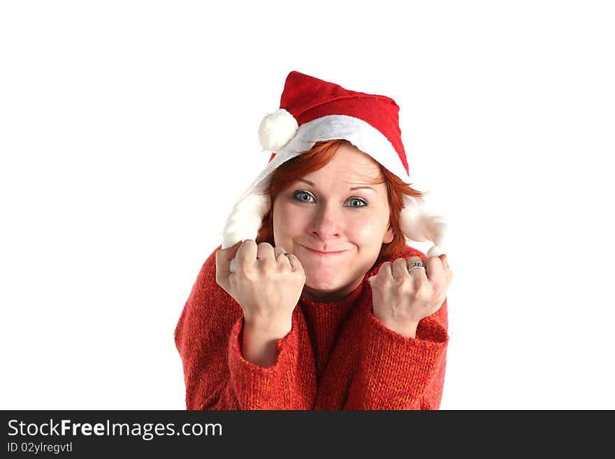 Woman in santa's cap isolated on white background