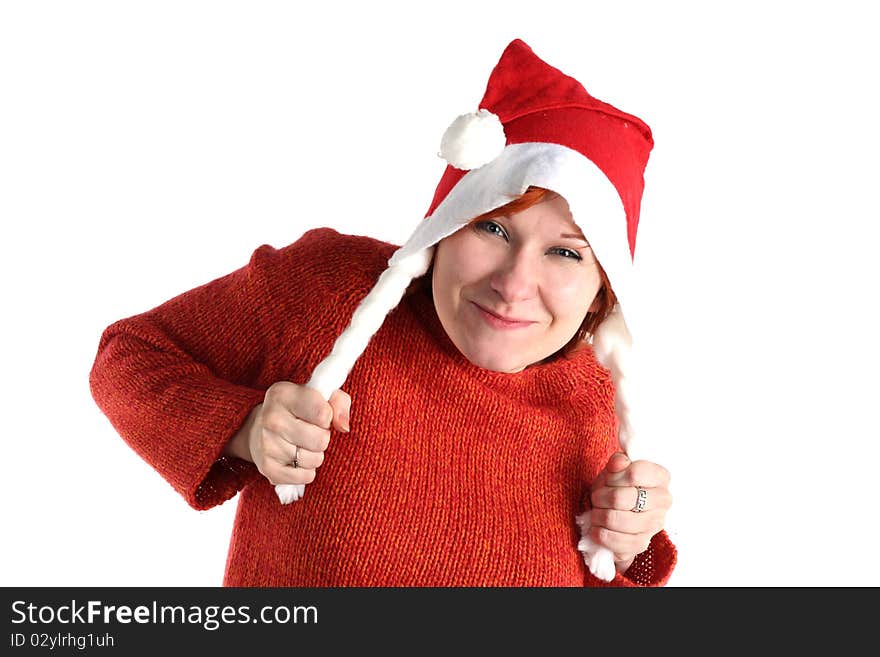 Woman in santa's cap isolated on white background