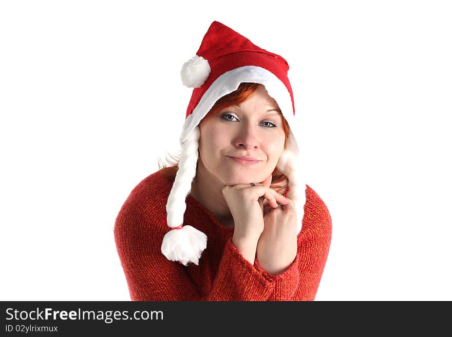 Woman in santa's cap isolated on white background