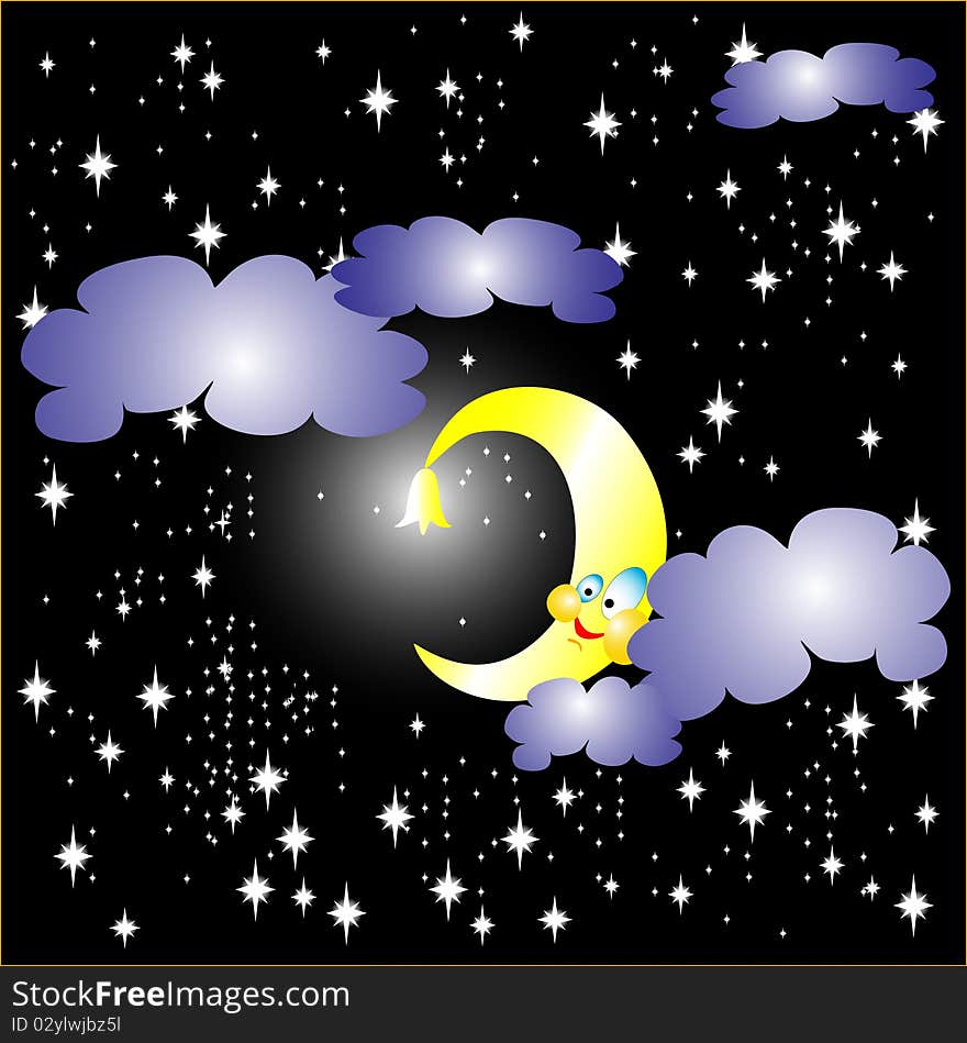 Night sky, stars in the sky, the moon shines, the month and the clouds in the sky, bell nightlight shines, smiles month