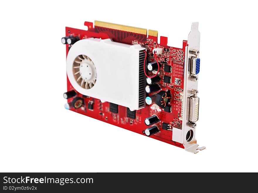 Video card with three outputs on a white background