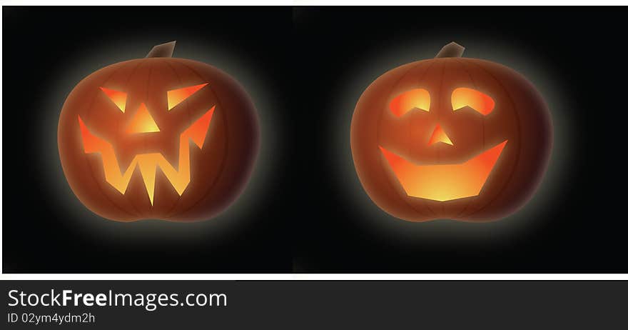 Two glowing jack'o'lanterns, one evil looking, one happy. Two glowing jack'o'lanterns, one evil looking, one happy.