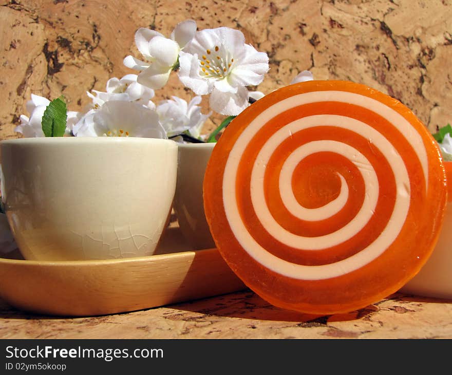 Candles and Orange Soap for Spa Session. Candles and Orange Soap for Spa Session