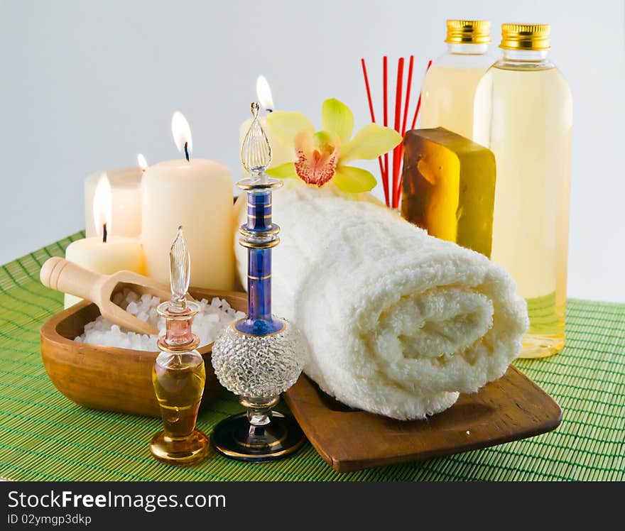 Still-life with small, spirits and salt in the spa salon. Still-life with small, spirits and salt in the spa salon