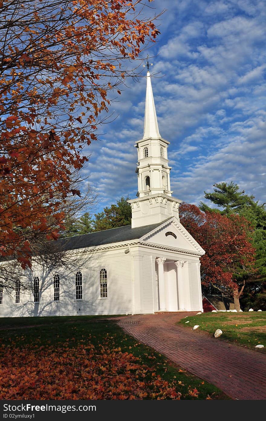 A New England colonial chapel on a late fall afternoon. A New England colonial chapel on a late fall afternoon