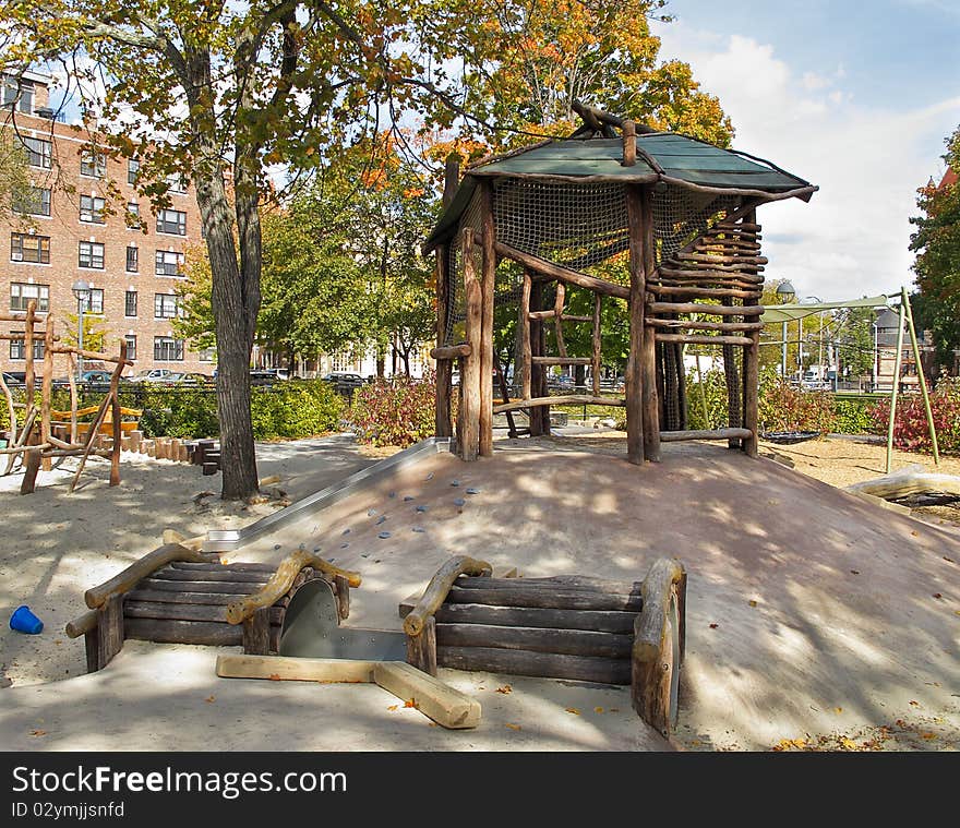 Wooden Climbing set in playground in public park. Wooden Climbing set in playground in public park