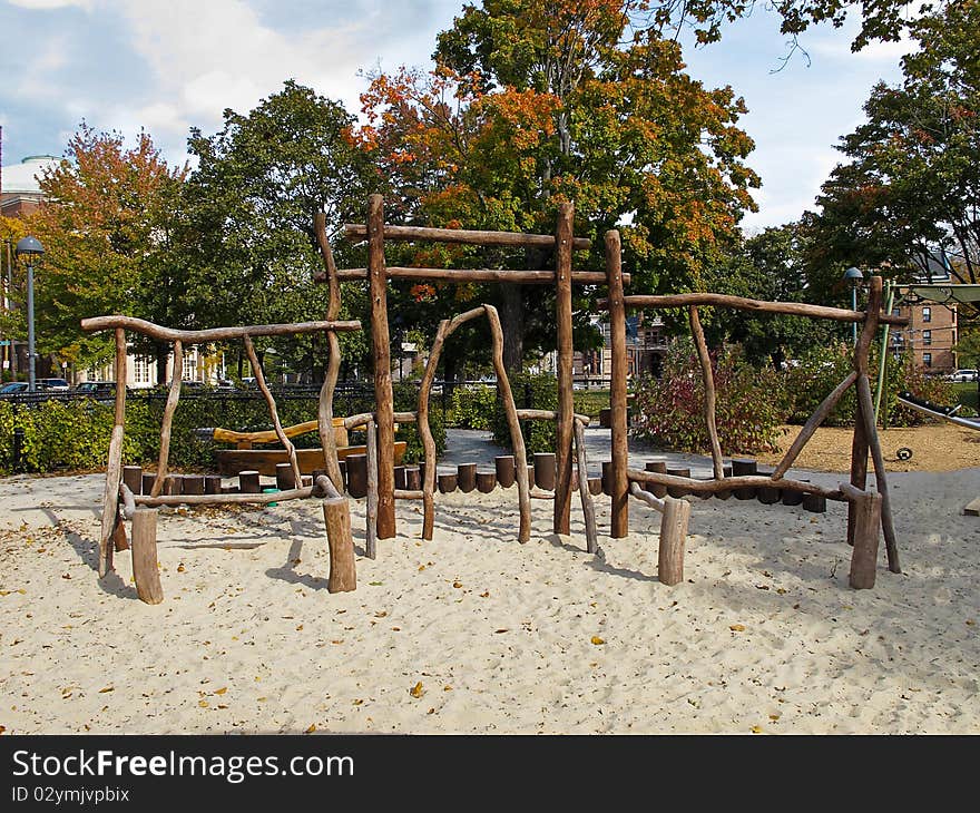 Wooden climbing equipment in childrens play area. Wooden climbing equipment in childrens play area