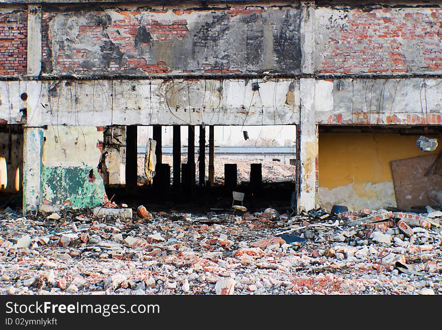 Wide angle view of an old wall abandoned factory building