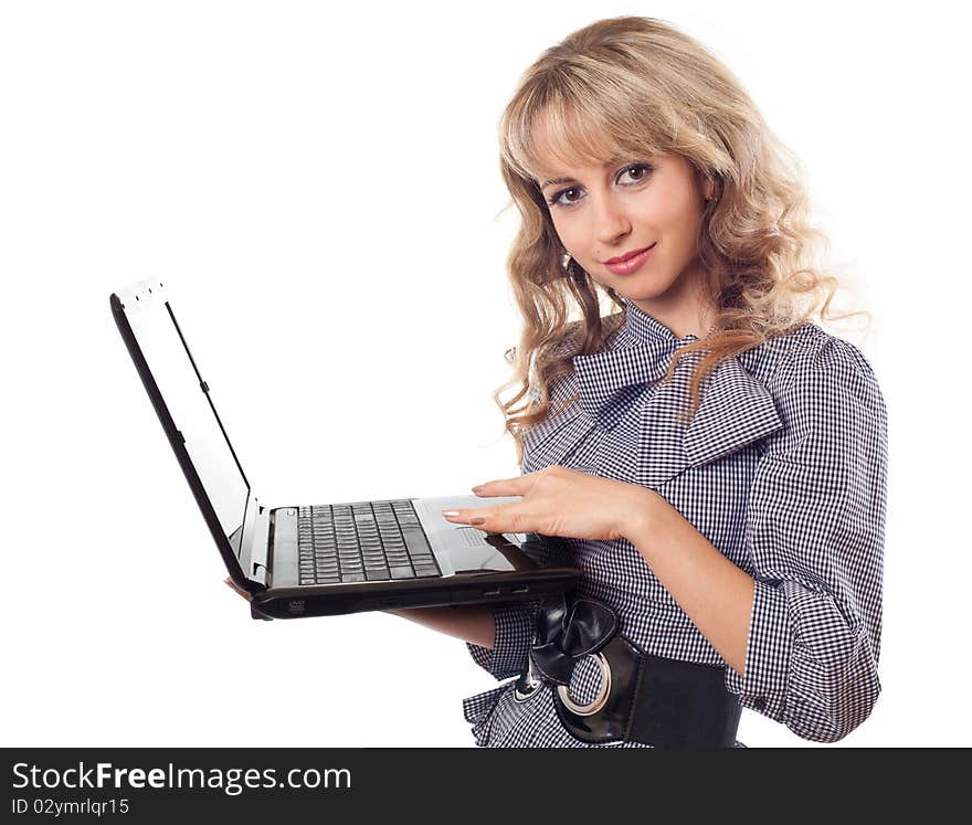 Portrait of young beautiful woman holding laptop - isolated on white