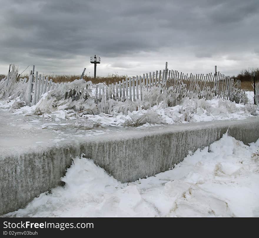 Winter landscape with elements covered by ice. Winter landscape with elements covered by ice.