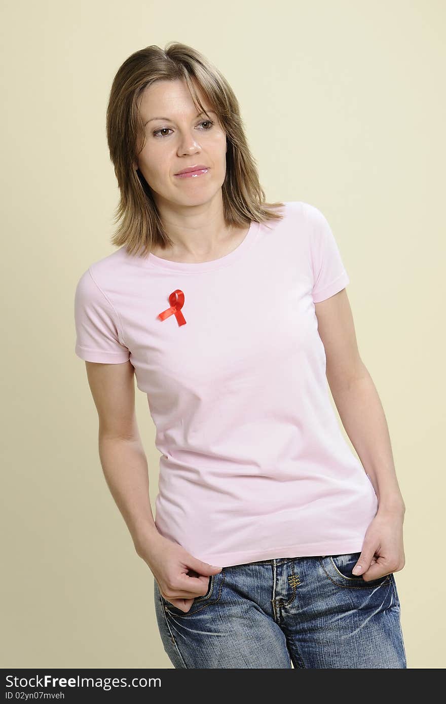 White woman expressing red ribbon partnership for disease. White woman expressing red ribbon partnership for disease