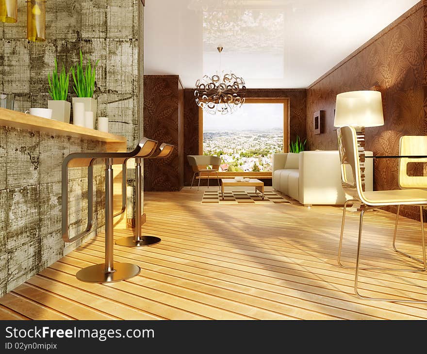 Modern room with brown walls