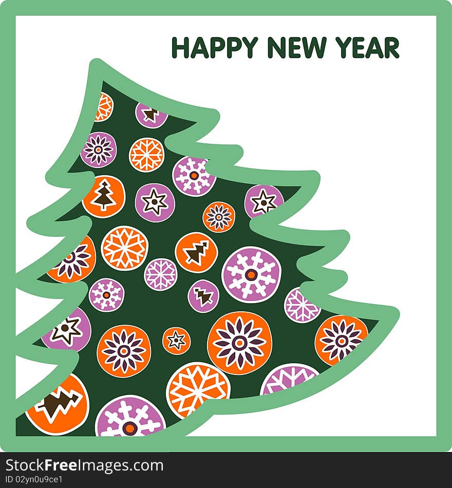 Postcard for the new year, featuring a Christmas tree and Christmas decorations