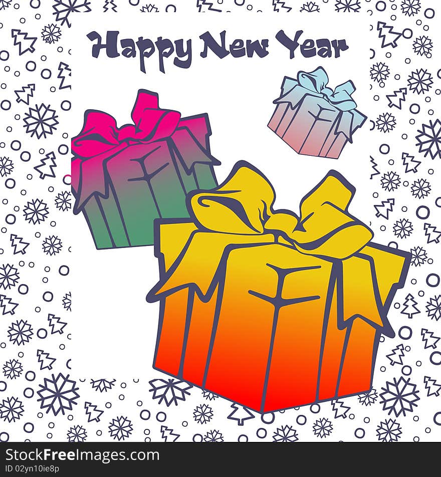 Postcard for the new year with an image of gift boxes