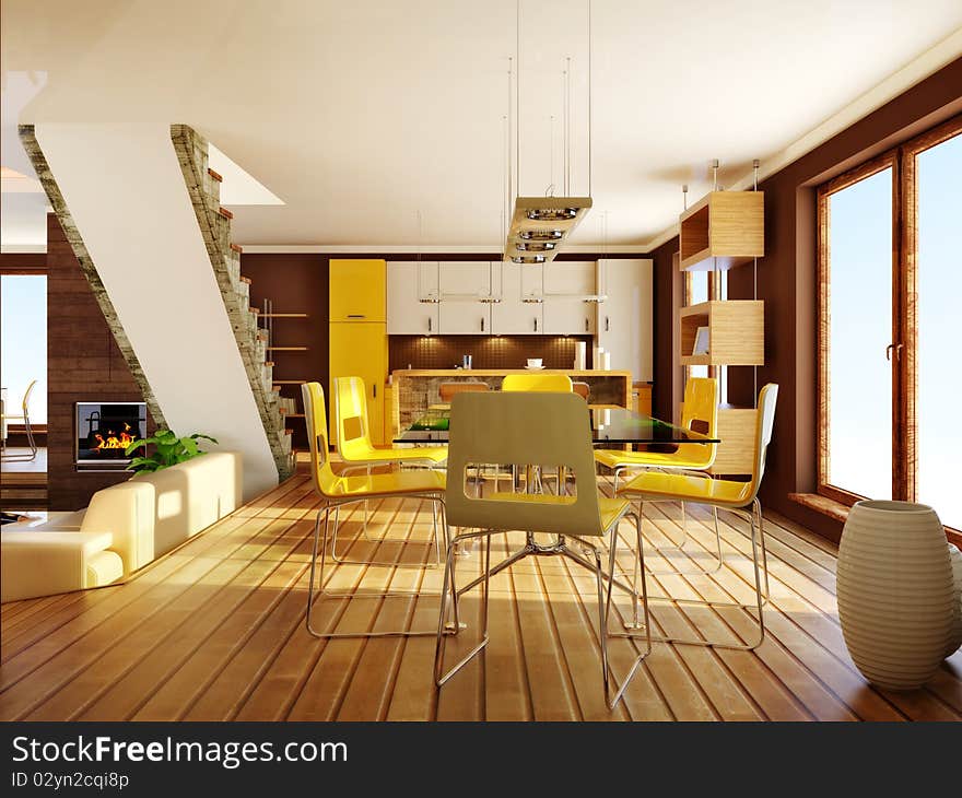 Yellow kitchen with brown walls. Yellow kitchen with brown walls