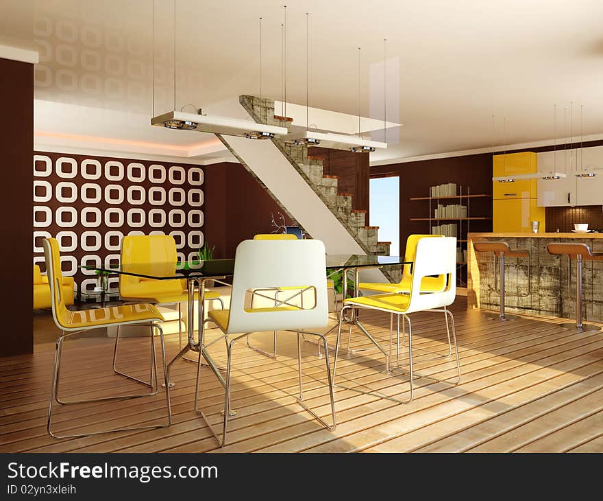 Modern kitchen with yellow chairs