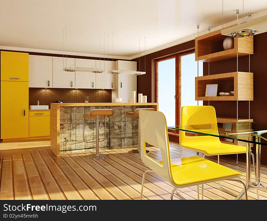 Modern yellow kitchen with bar. Modern yellow kitchen with bar