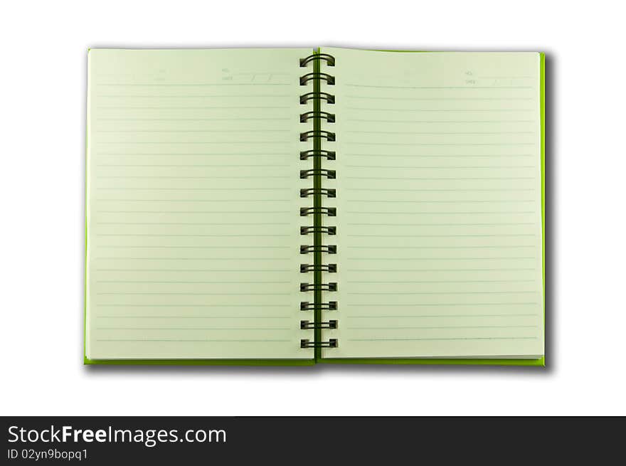 Isolated green notebook on white.