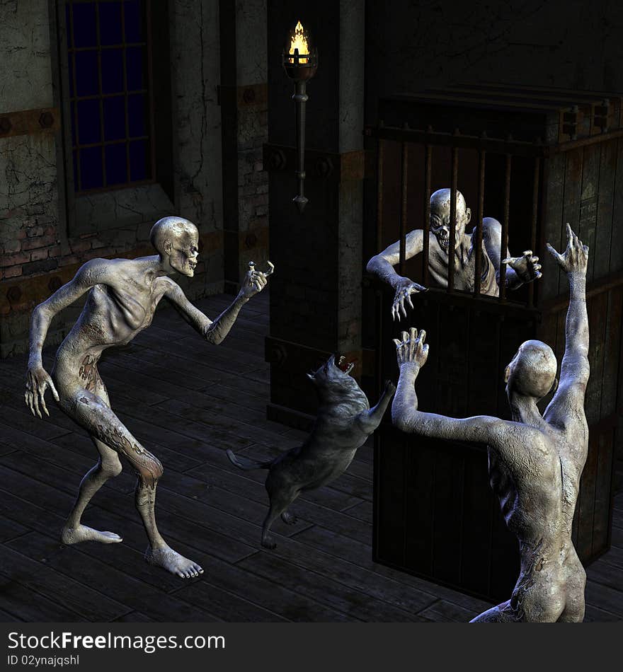 3d rendering a group of Zombies in scene as illustration. 3d rendering a group of Zombies in scene as illustration