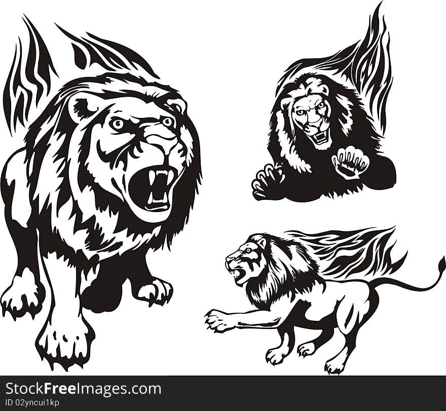 The lion has opened a mouth. Flaming big cats. Vector illustration ready for vinyl cutting.