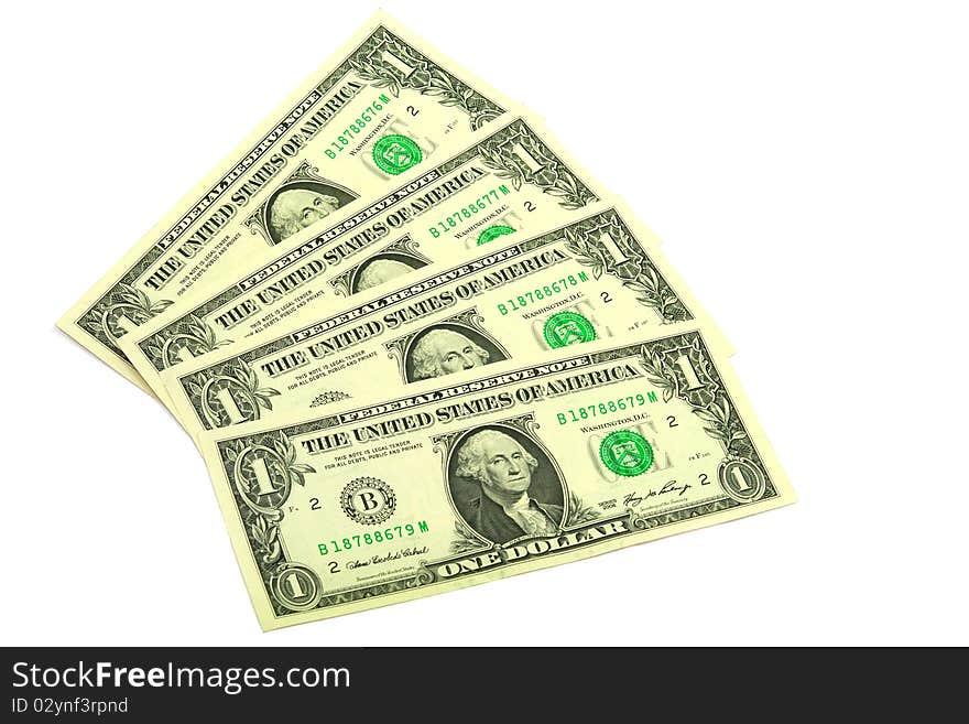 Four banknotes in one dollar isolated on a white background