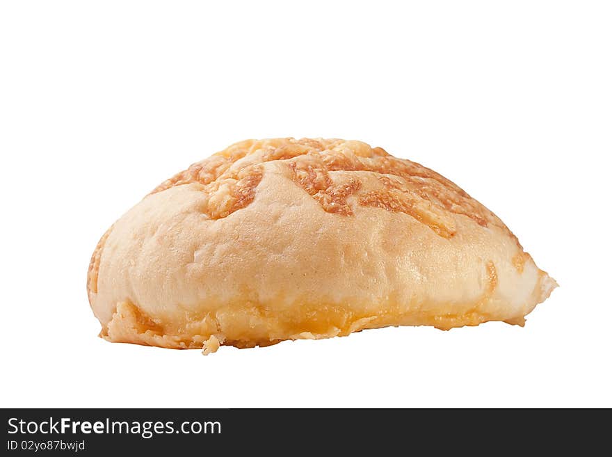 Rich white bread topped with cheese on a white background.