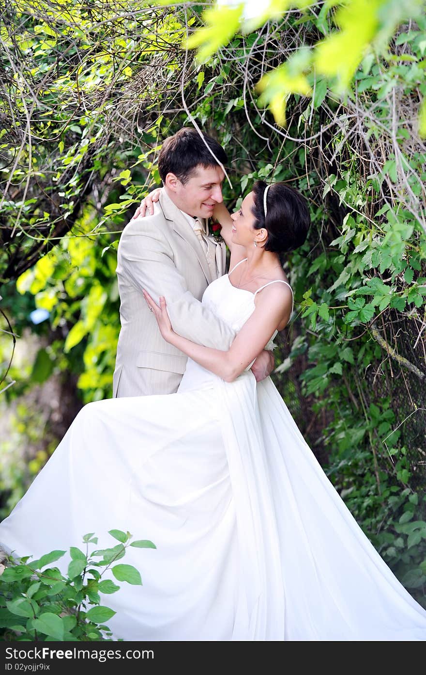 Groom and bride in white dress on background of green trees. Groom and bride in white dress on background of green trees