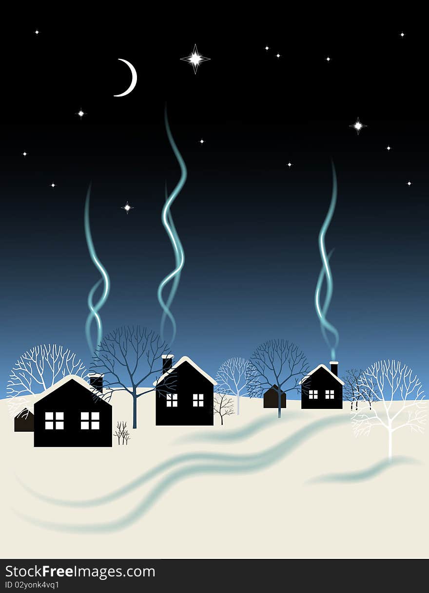 Winter night landscape with a silhouettes trees and houses. Winter night landscape with a silhouettes trees and houses