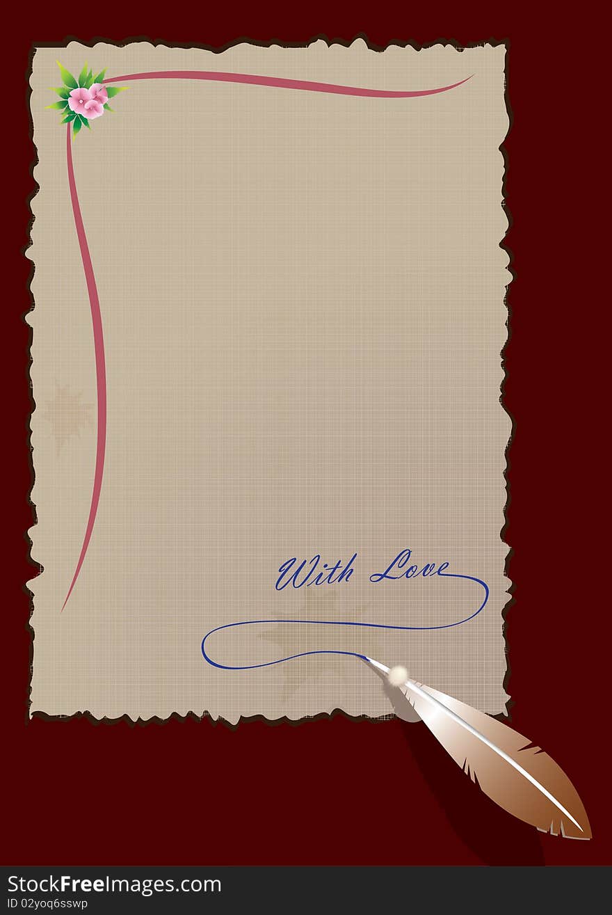 Old paper and feather on a red background