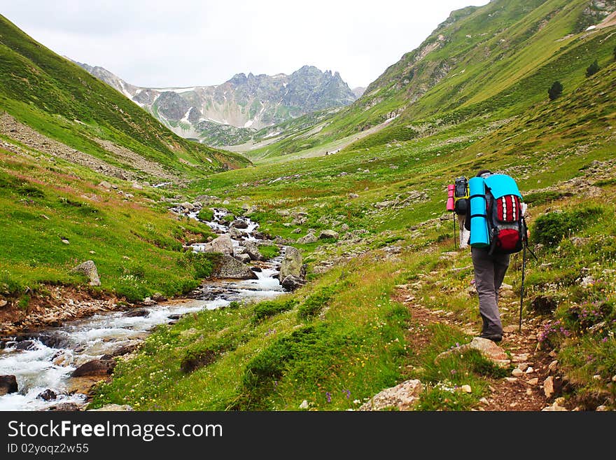 Hiker group in Caucasus mountains