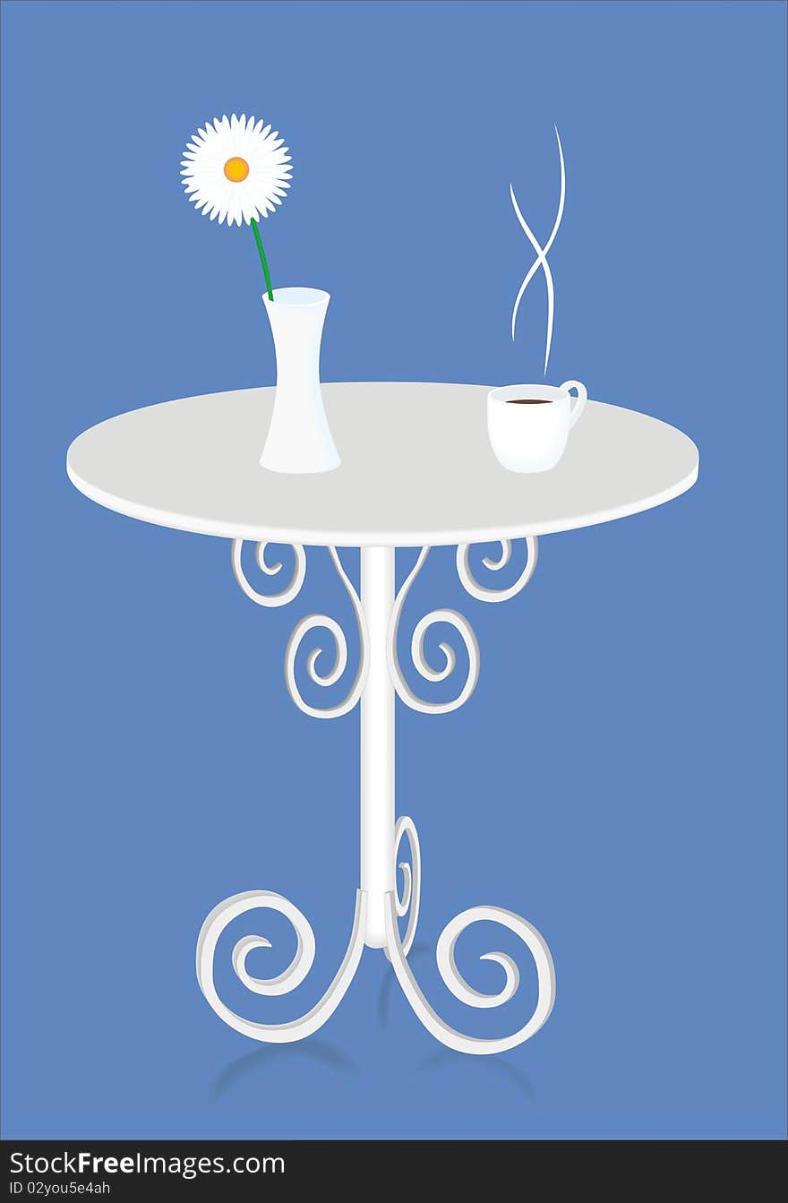 Table with a flower in a vase and a cup of coffee. Table with a flower in a vase and a cup of coffee