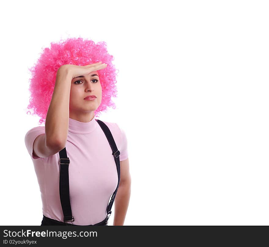 Girl in pink wig watching around, isolated on white. Girl in pink wig watching around, isolated on white