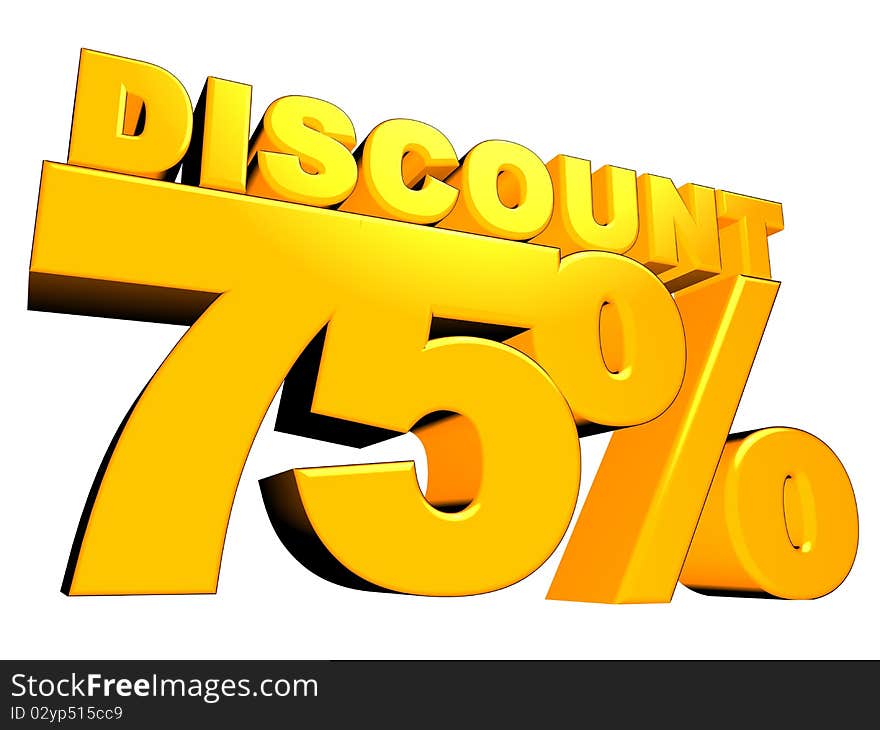 3D render of yellow 75 percent discount sign isolated on a white background. 3D render of yellow 75 percent discount sign isolated on a white background